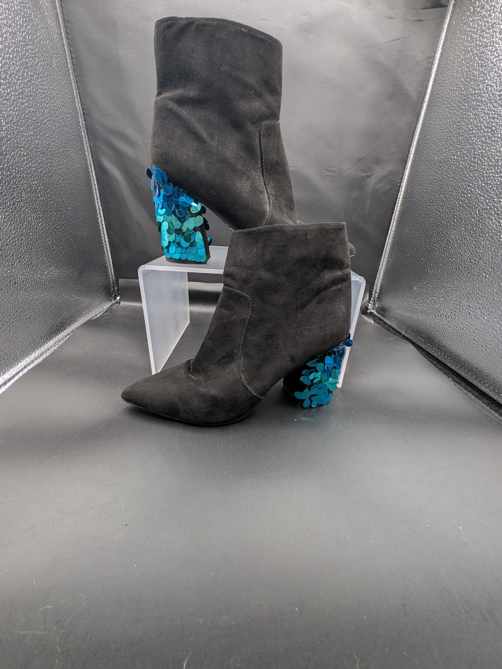 Gianni Bini Black Suede Ankle Boots with Teal Sequin Block Heel